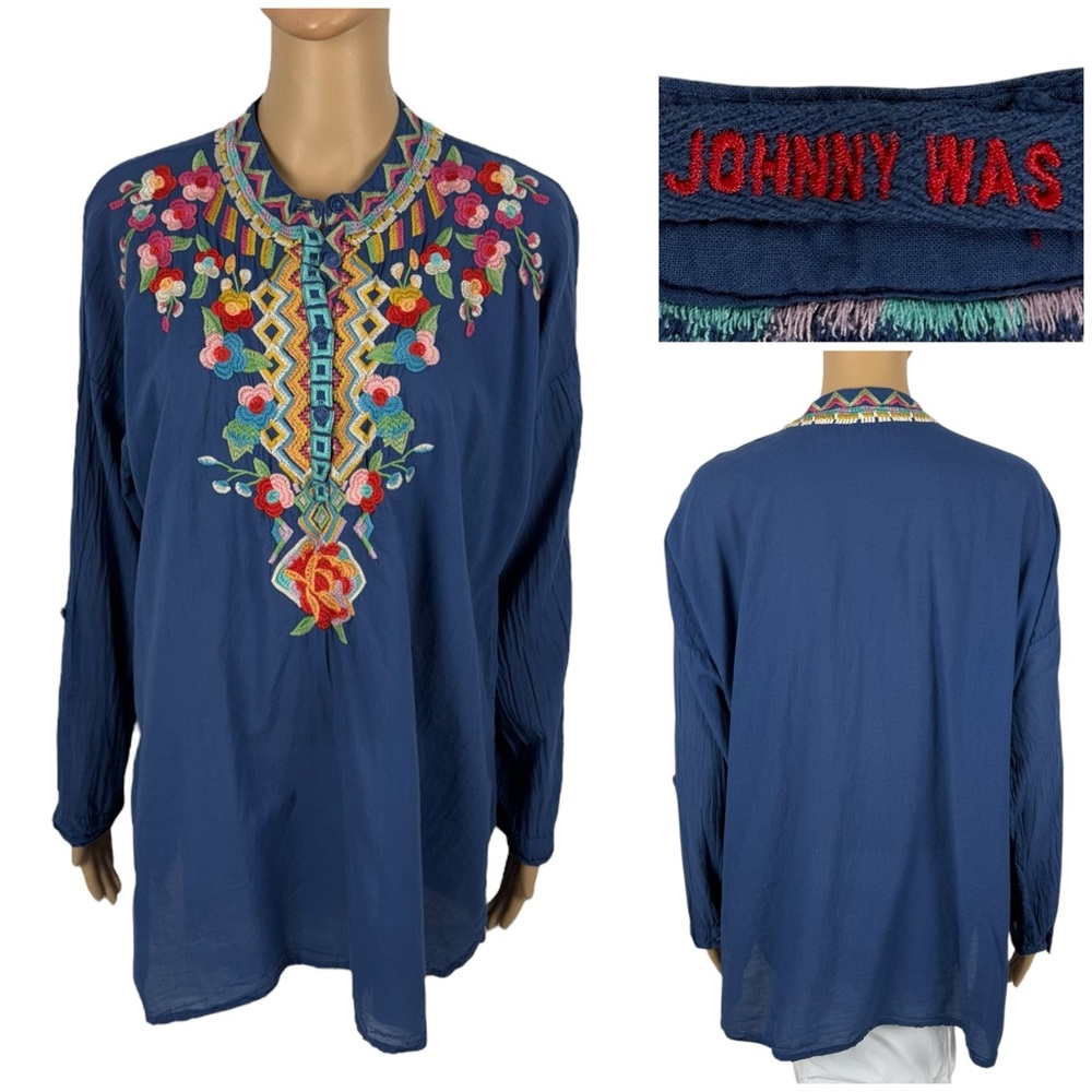 Johnny Was Womens Medium Top Henley Popover Tunic Embroidered Floral Blue Cotton